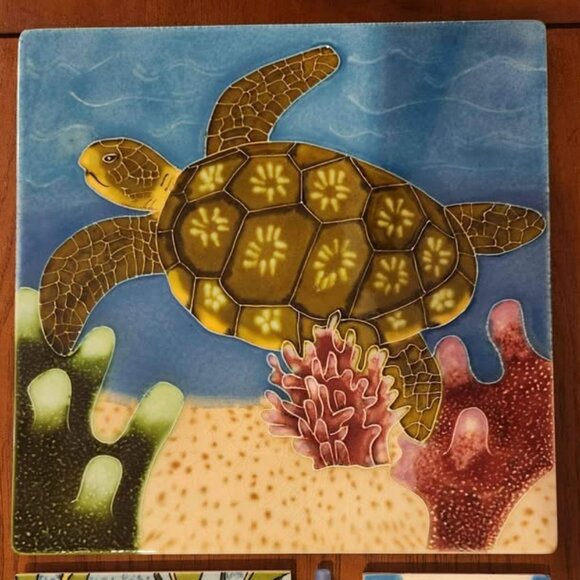 3 Decorative Ceramic Tiles 12" Sea Turtle , 6" Seahorse & 4" Dolphins - Picture 2 of 4